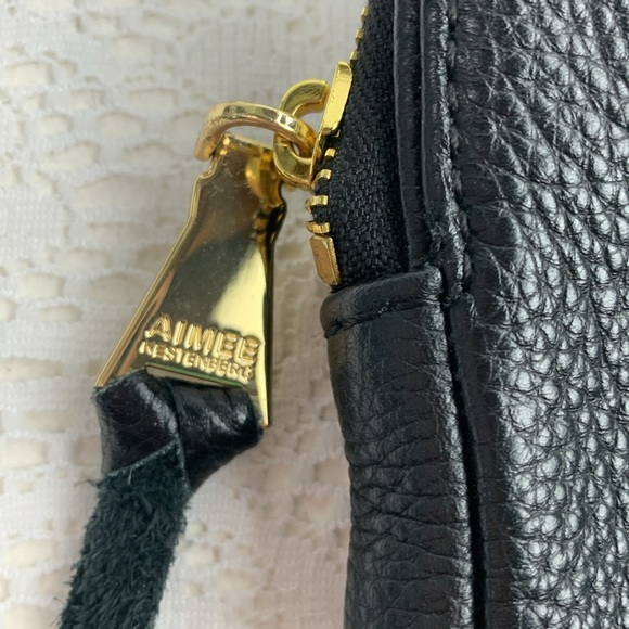 Aimee Kestenberg Black Leather Crossbody Bag Gold Zip & logo Camo Lined Tassel - Picture 4 of 13